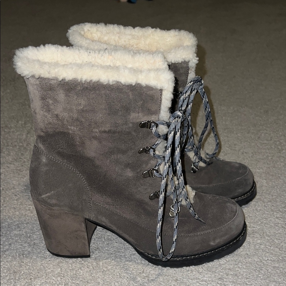 Stuart Weitzman Gray Suede Heeled Boots with Cream Fur